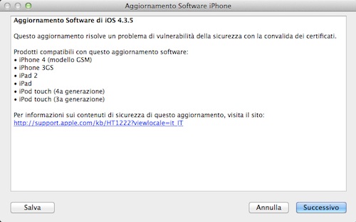 iOS 4.3.5 disponibile al download