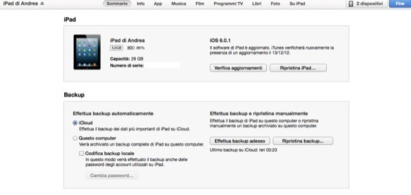 Come eseguire il backup di iPad su iTunes 11