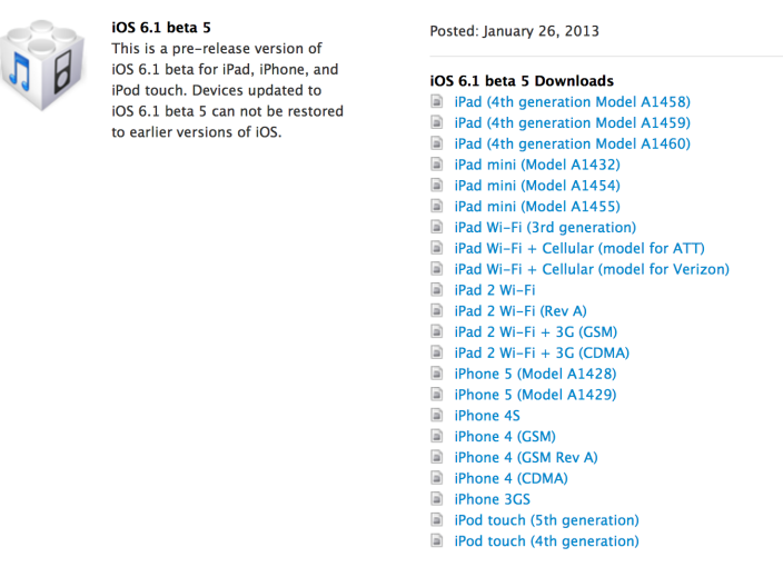 Apple rilascia iOS 6.1 beta 5 agli sviluppatori